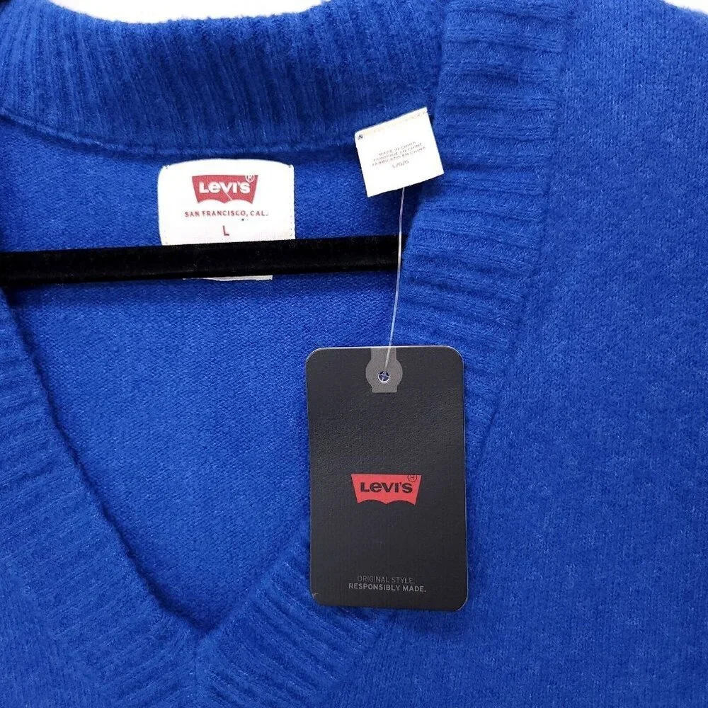 Levi's Sweater Vest Royal Blue Knit Pull Over Mens Large Cotton Vneck - Picture 10 of 13